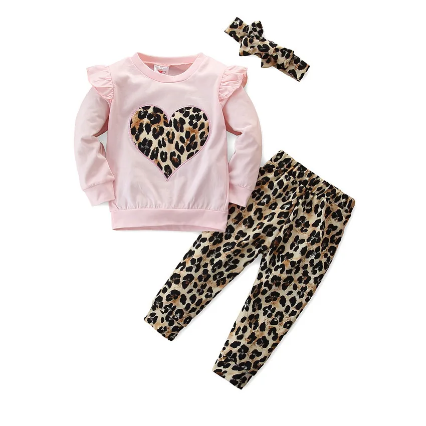3Pcs Newborn Baby Girl Clothes Set Long Sleeve Tops+Casual Leopard Pant+Headband