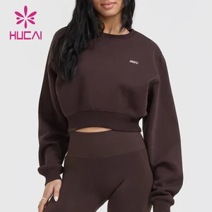 HUCAI Custom Logo Womens Lightweight Embossed Elastic Hem Oversized Crew Neck Workout Sports Crop Top Gym Cropped Sweatshirt