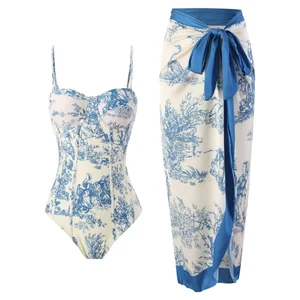 Vintage Floral Print French Swimsuit with Long Skirt New Tight 2-Piece Set with Push-Up Bra Patchwork Design Stylish Swimdress