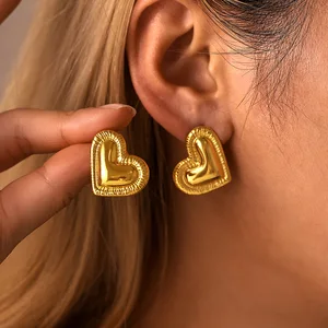 Relief Heart Shaped Stud Earrings Stainless Steel Hypoallergenic Jewelry For Women