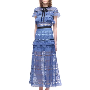 High Quality Casual Dresses Lace Clothes Women Blue Summer Fashion Ruffles Women Lace Long Dress