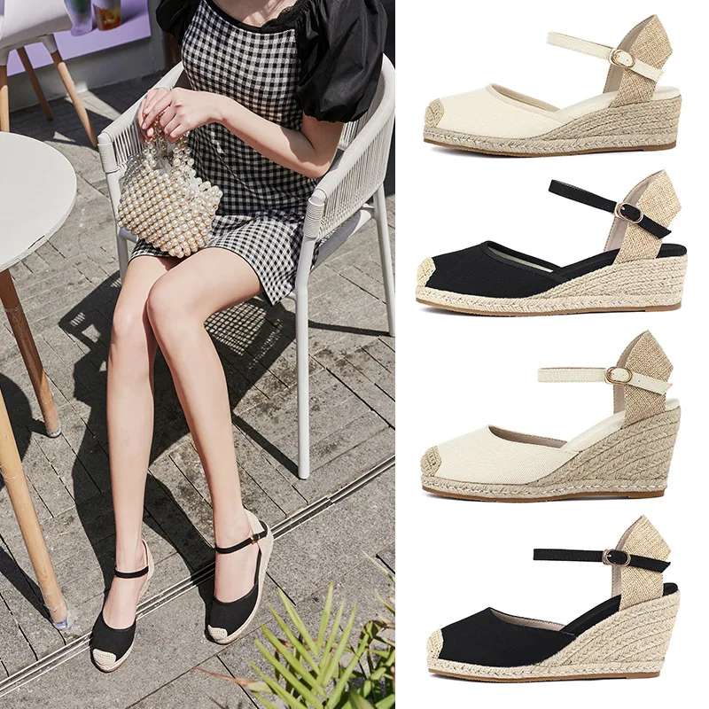 5 cm Summer Espadrilles Sling Back High Heel Platform Wedge Sandals Female Breathable Slip Resistant