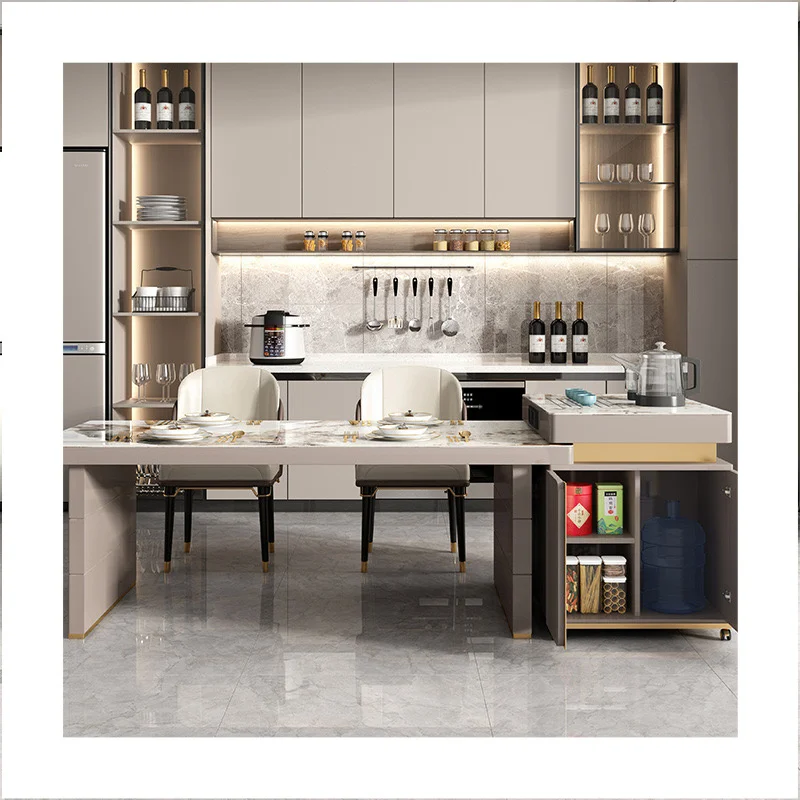 Modern Light Luxury Rock Plate Tea Table and Chair Combination Round Office Island Kitchen Table With Kung Fu Tea Features