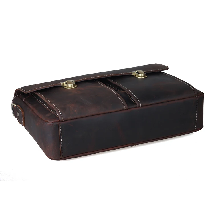 OEM Custom Vintage Style Brown Crazy Horse Leather Mens Shoulder 14 Inches Laptop Bag Leather Messenger Briefcase