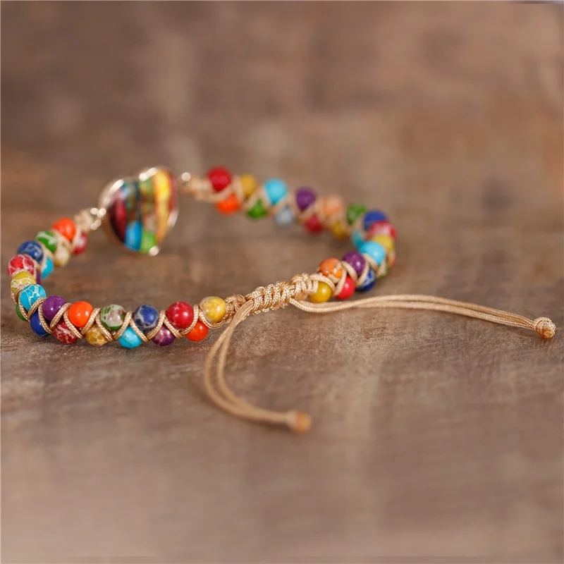 Boho Unisex Gold Gild 7 Chakra Heart Charm Beads Braided Bracelet Gypsy Healing Natural Stone Bracelet Women Jewelry Wholesale