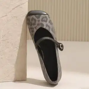 Women's Retro Leopard Print Mary Jane Flat Sandals Showmetech Brand Low Heel Comfortable Dressy Slip-Ons for Summer Spring