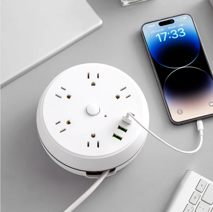 Round Universal Portable Storage Winding Socket Pull-out Plug Power Strip Extension Cord Socket With 3 USB Cable Smart Home