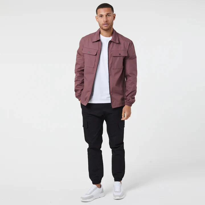 Customize Men Woven twill fabric in center zipper and flat patch pockets style Utility Overshirt jacket_voghion.com