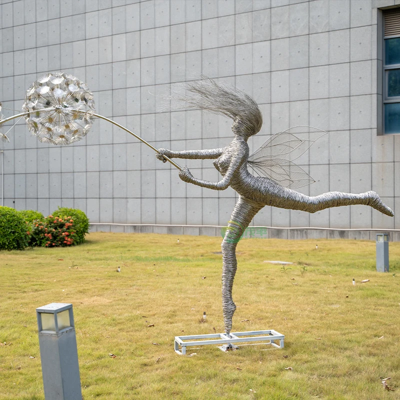 Modern Outdoor Garden Decorative Abstract Fairy Dandelion Statue Large Stainless Steel Sculpture Polished Metal Wire Design