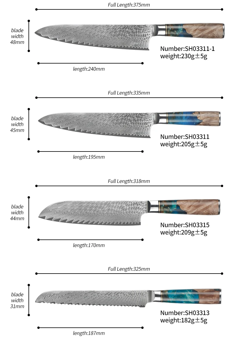 Chef Cooking 67layers VG10 Damascus Knife Set Japanese Kitchen Knives  Blue Resin Handle Damascus Steel Knife
