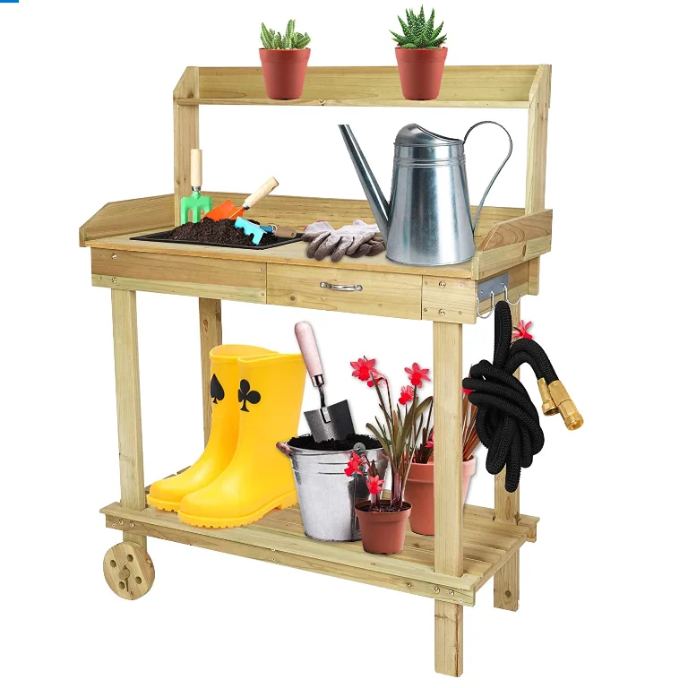 木材灌封台式工作站桌子桌面可移动水槽抽屉式货架挂钩车轮上的室外花园 自然 Buy 户外花园铺路灌封长凳 植物种植表 园艺盆栽工作台