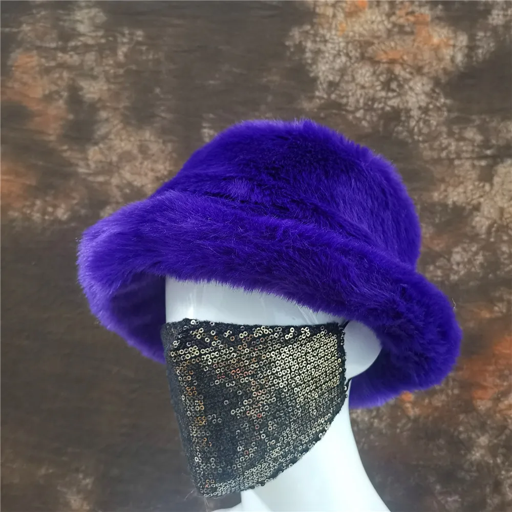 DS116 Women Warm Plush Knitted Hats Women Leopard Print Fisherman Cap Wide Brim Fluffy Bucket Hat Winter Faux Fur Bucket Hat