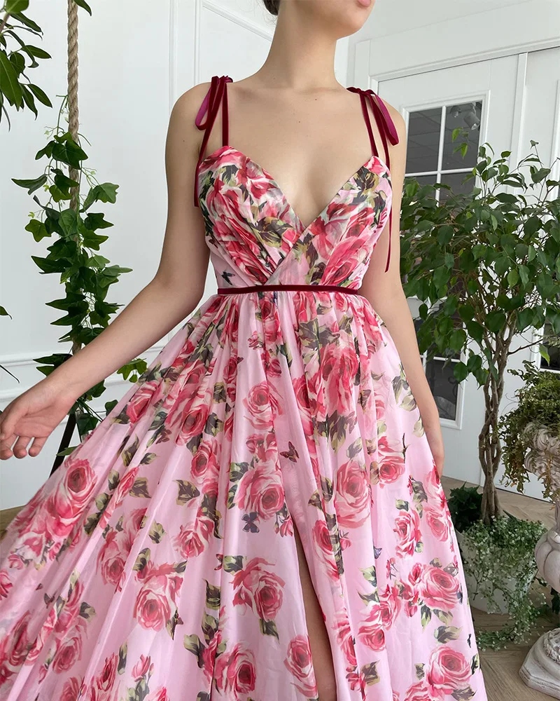 New European American French Style Women's Vintage Print Chiffon Long Sleeveless V-neck High Waist Sexy Beach Casual factory