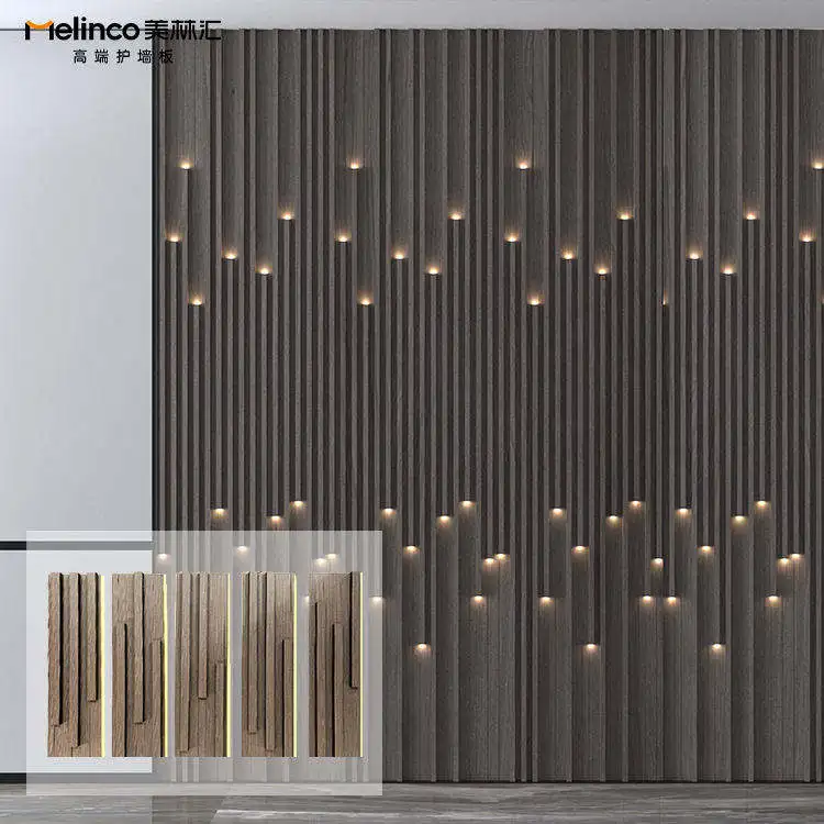 Melinco PVC Built-in Lighting Eco-friendly Waterproof Fire-resistant 3D Panel Wood Wall Panels Indoor High Quality Modern Design