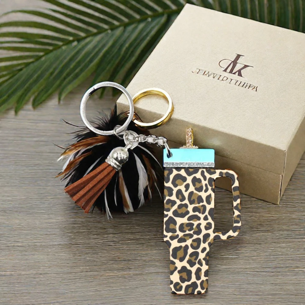 YCXKH1341 Elegant Brown Leopard Print Tassel Long Chain Keychain with UV Printing for High-End Bags and Gifts supplier