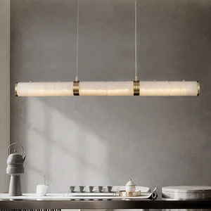 Zeal Lighting Modern Nordic Dining Room Table Decoration Linear Brass Alabaster Marble Pendant Light Chandelier
