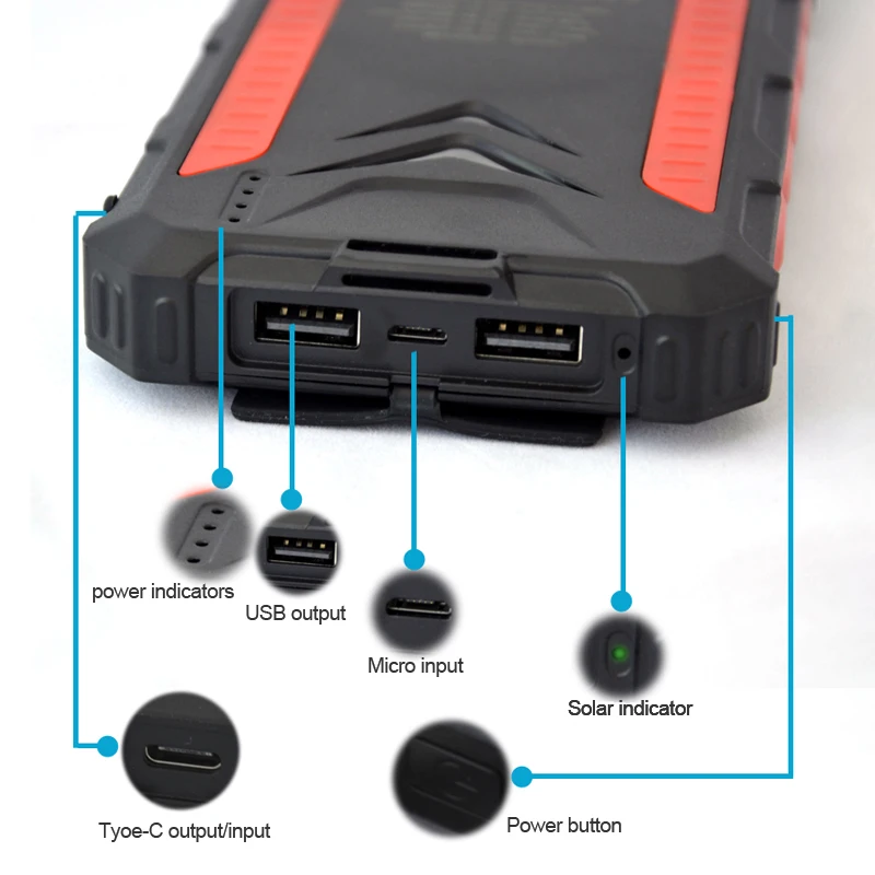 High quality portable solar mobile charger USB wireless charging outdoor waterproof and illuminated power bank
