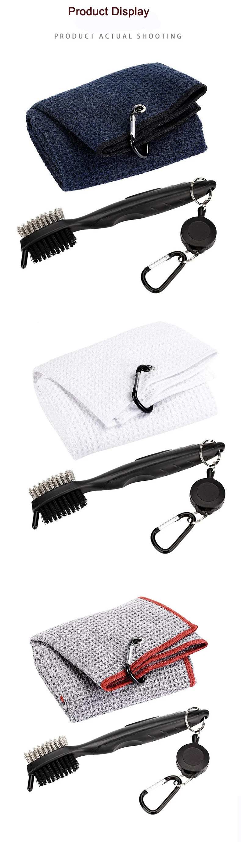 Customized Golf Accessory Set Microfiber Waffle Towel with Cleaner Brush and Divot Tool Jacquard Technique and Novelty Pattern details