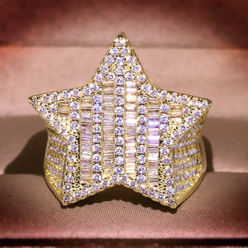 Custom Hip Hop Fully Iced Out VVS Baguette Moissanite Diamond Men Rings Custom Star Ring
