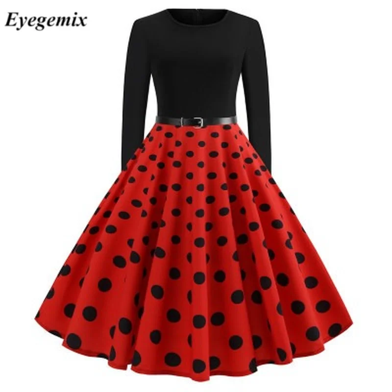 Retro 50s 60s Prom Dress Vintage Long Sleeved Polka Dot Swing Dress  Rockabilly Casual Party Robe