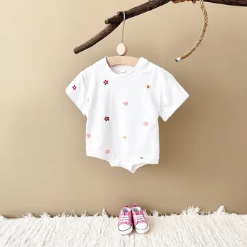 Baby girls' floral embroidery romper summer baby comfortable crew neck casual triangle jumpsuit