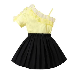 Wholesale Off-Shoulder Top Pleated Skirt Shorts Set for Kids Knitted Ribbed Cotton Casual Style Solid Toddler Girls Clothing