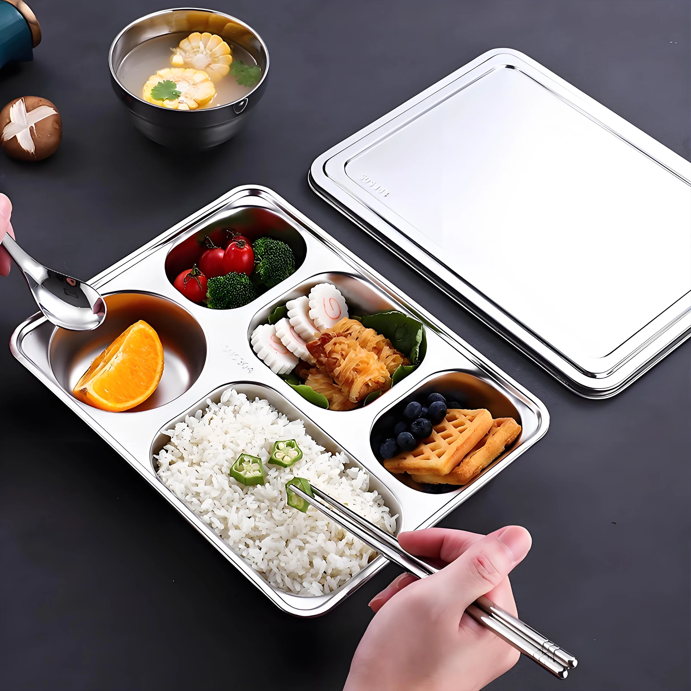 YITIAN Stainless Steel Compartment 5 Sections Mess Food Tray Sus 304 Lunch Plate Food Plate Kids Dinner Plate Dinnerware Dishes