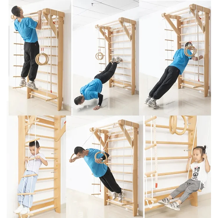 COSTWAY Ensemble De Barres D'exercices Mural Pour Enfants 7-en-1, Avec échelle, Barre De Traction, Corde, Anneaux, Capacité 100kg, Pour 3 Ans+