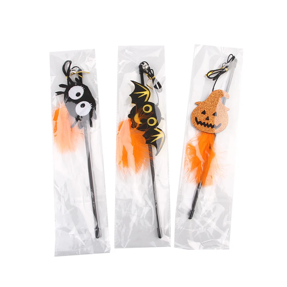 Onteractive Halloween Bat Design Cat Teaser Toy Rod Spider and Pumpkin Lantern Cat Wayer Toy With Elastic Rope