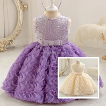 2025 Summer Boutique's Pink 3D Rose Printed Princess Dress for Kids Knee-Length Sweet Flower Party for Baby Girls O-Neck Design