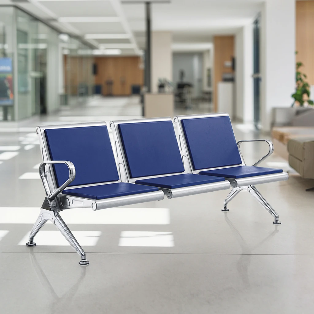 Wholesale Blue Waiting Room Chairs 3 Seats PU Leather Seat Cushion Stainless Steel Waiting Chairs for Airports Hospitals 2