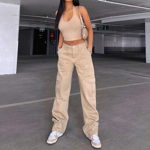 2026 Summer Autumn Women's High Waist Casual Denim Cargo Pant New Loose Fashion Pocket Straight Tooling Jean Pant Simple Fashion
