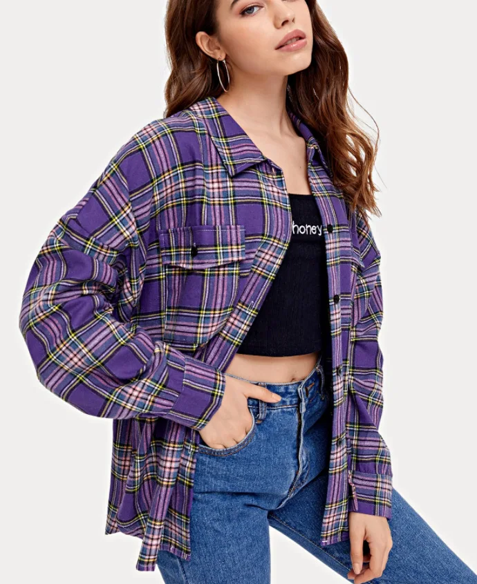 Fashion Women Plaid Shirt Chic Checked Blouse Long Sleeve Print