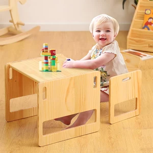 EDULAND Nature Montessori Wooden Preschool Furniture Height Adjustable Toddler Table Chair Set for Ages 1-3 Weaning Table Chair