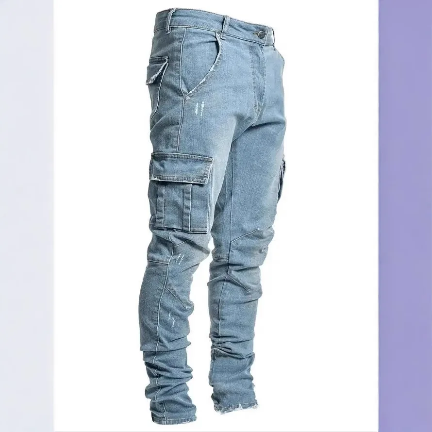 Men's Mid Waist Streetwear Denim Slim Fit Skinny Cargo Jogger Pants Korean Style Multi-Pocket Trendy Ins