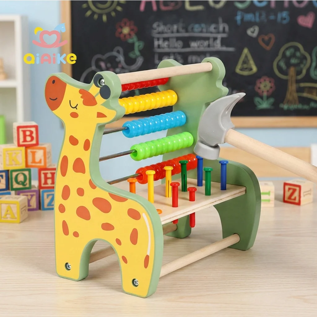 Children's Wooden Giraffe Abacus Learning Educational Toy Beads Rainbow Colorful Hammering Counting Bench Math Toy for Kids
