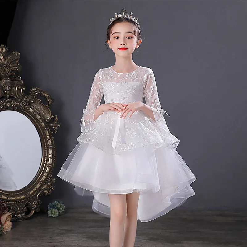 Latest Design Low Cut Handmade Short Front Long Back Flower Baby Girl Party Wedding Dress for 8 Years Old