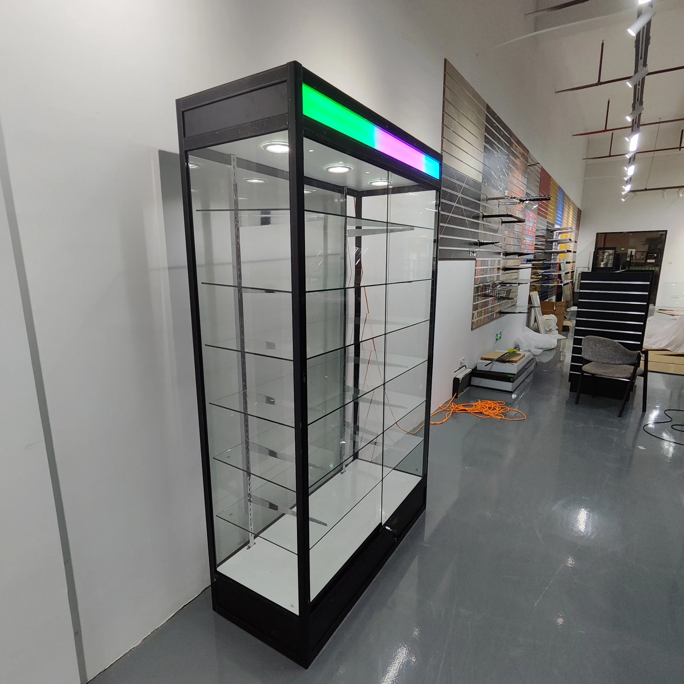 Custom Aluminum Framed Glass Showcase with Colourful Light Box Full Vision Glass Display Showcase for Shop Decoration