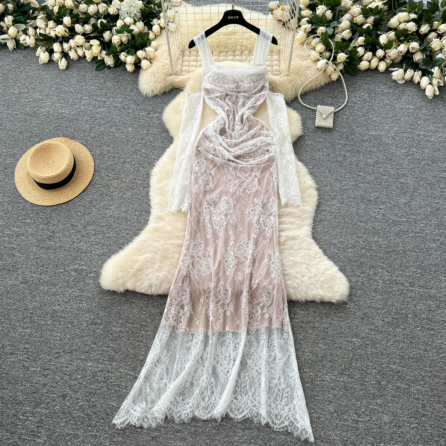 Winter Y2K Slim Casual Midi Dress for Women Long Sleeve Empire Lace Dress  White