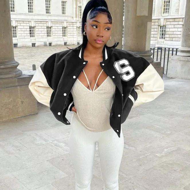 X03646c Lettera Stampa Giacche Carine Bottone Donna Manica Lunga Abiti Autunnali Abbigliamento Sportivo Giacca Da Baseball Casual Streetwear Cappotto ...