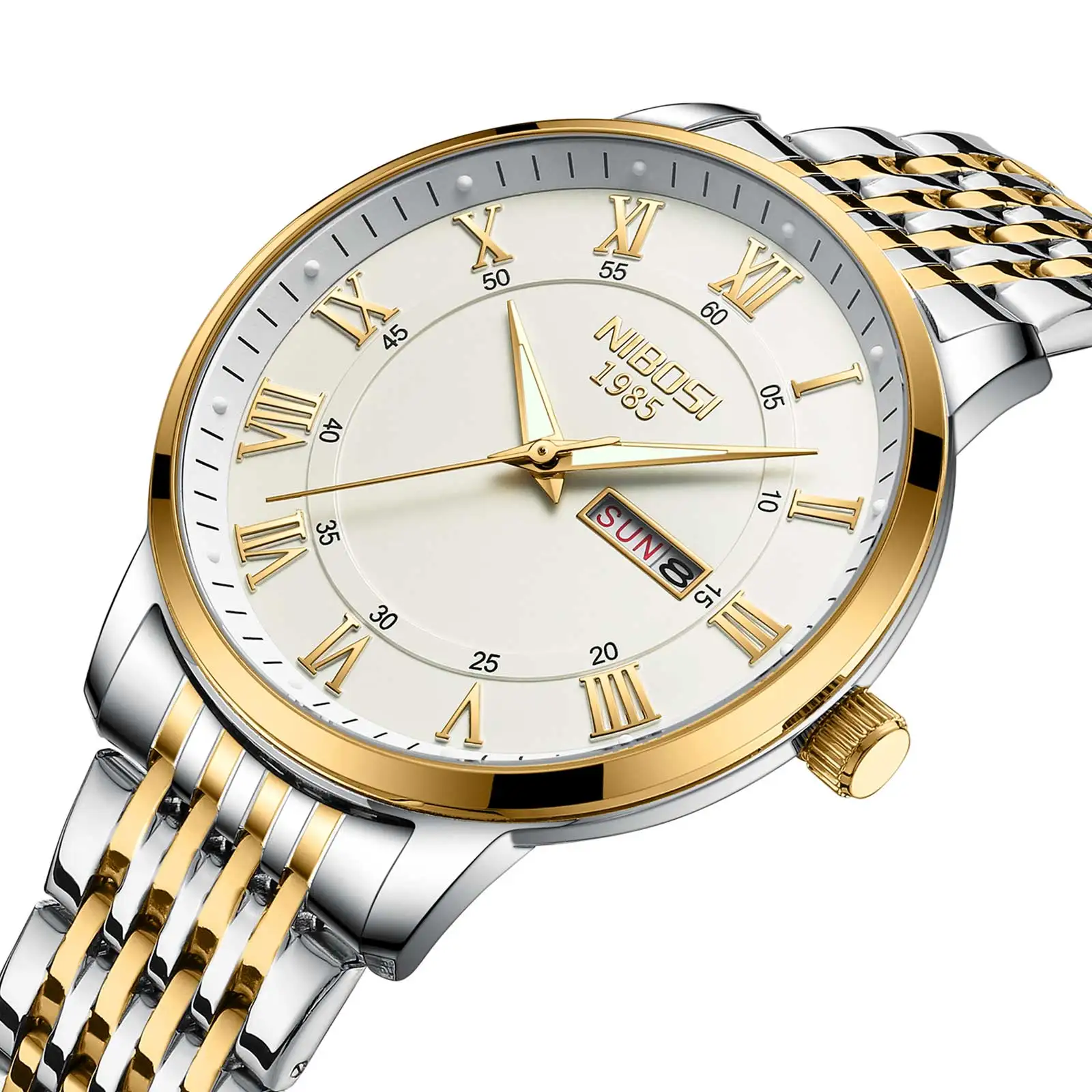 NIBOSI Orologio Da Polso Uomo/Donna - Quadrante Nero Con Cristalli E Numeri Romani, Cassa Bicolore Oro/Argento, Giorno-Data - 2