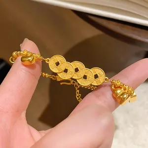 18k Gold Five Emperors Coins Bracelet Vintage Women's Cuban Link Chain AU750 Treasure Ingot Gourd Fortune Prosperity Attract
