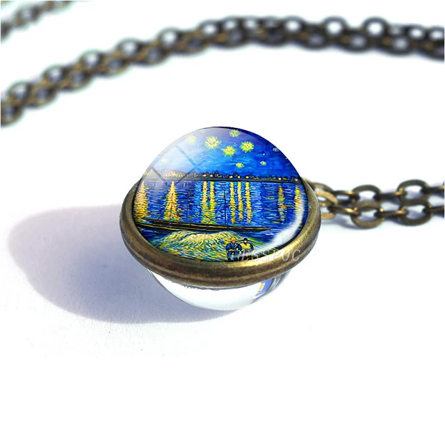 Starry Night Van Gogh Art Painting Necklace Retro Double Side Glass Ball UK#1