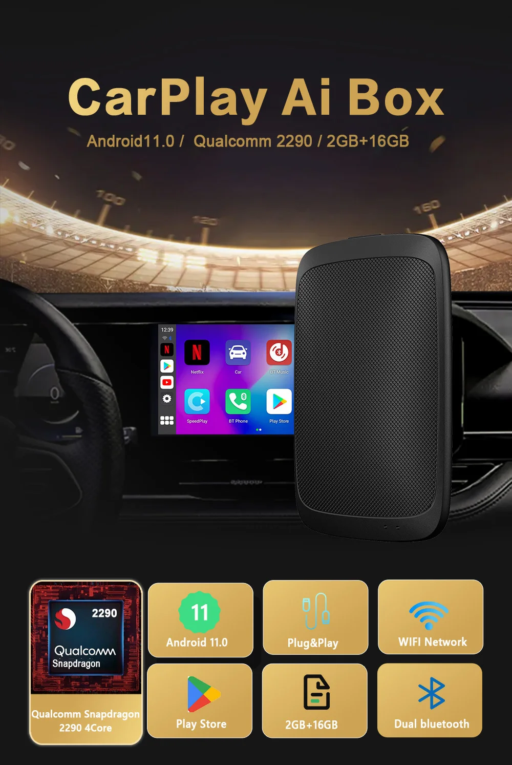 Wooboobox Youtube Netflix Android System Car Box With  Portable Wireless Android Auto Carplay Android Ai Box