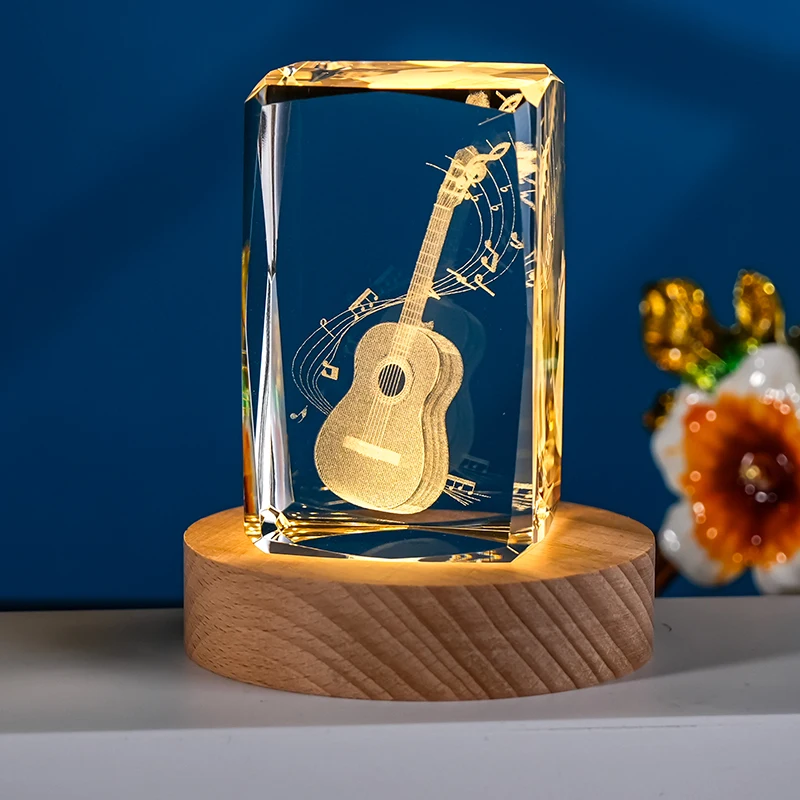 New Arrival K9 Cube Trophy 3D Laser Crystal Glass Music Theme Souvenir Gift Piano Violin Guitar Performance Decor Hand Carved