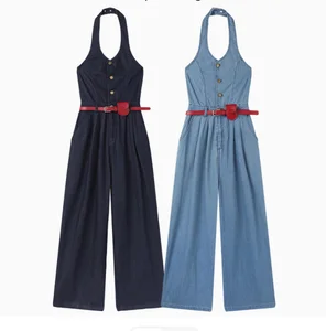 Retro Casual Wear Denim Jumpsuit Women's Summer Fashion Halter Pleated Bottom High Waist Wide-leg Eco-Friendly Waterproof Washed