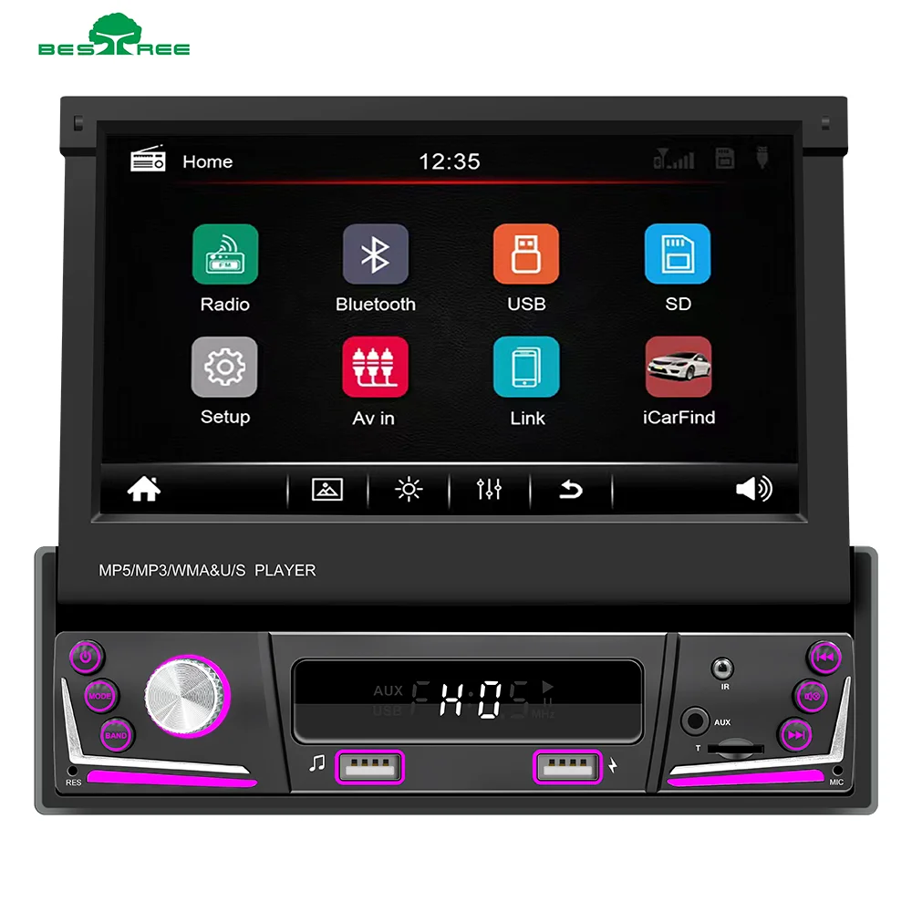 Single 1 Din Universal 7 Inch Resistive Touch Screen Head Unit Car Mp5 Player With Bt Mirror