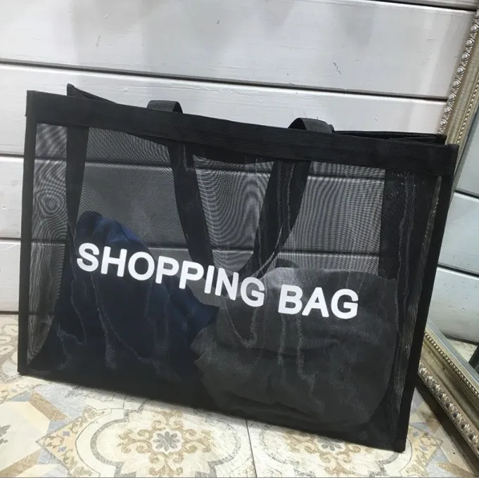 2022 Nylon Mesh Bag Customized Logo Transparent Black Nylon Mesh Beach