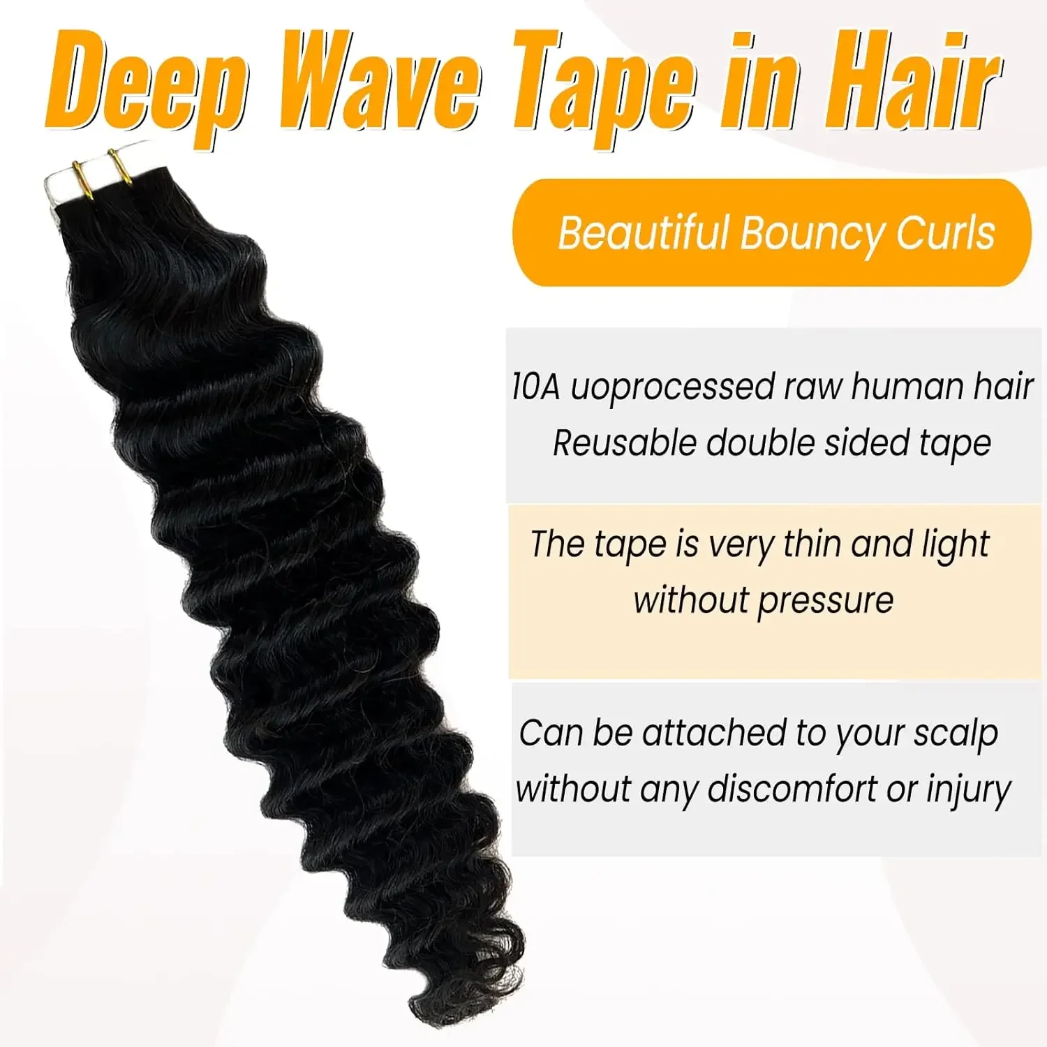 Tape-In-Haarverlängerung, lockig, tief gewellt, 100 % Echthaar, für den ganzen Kopf, Naturschwarz_voghion.com