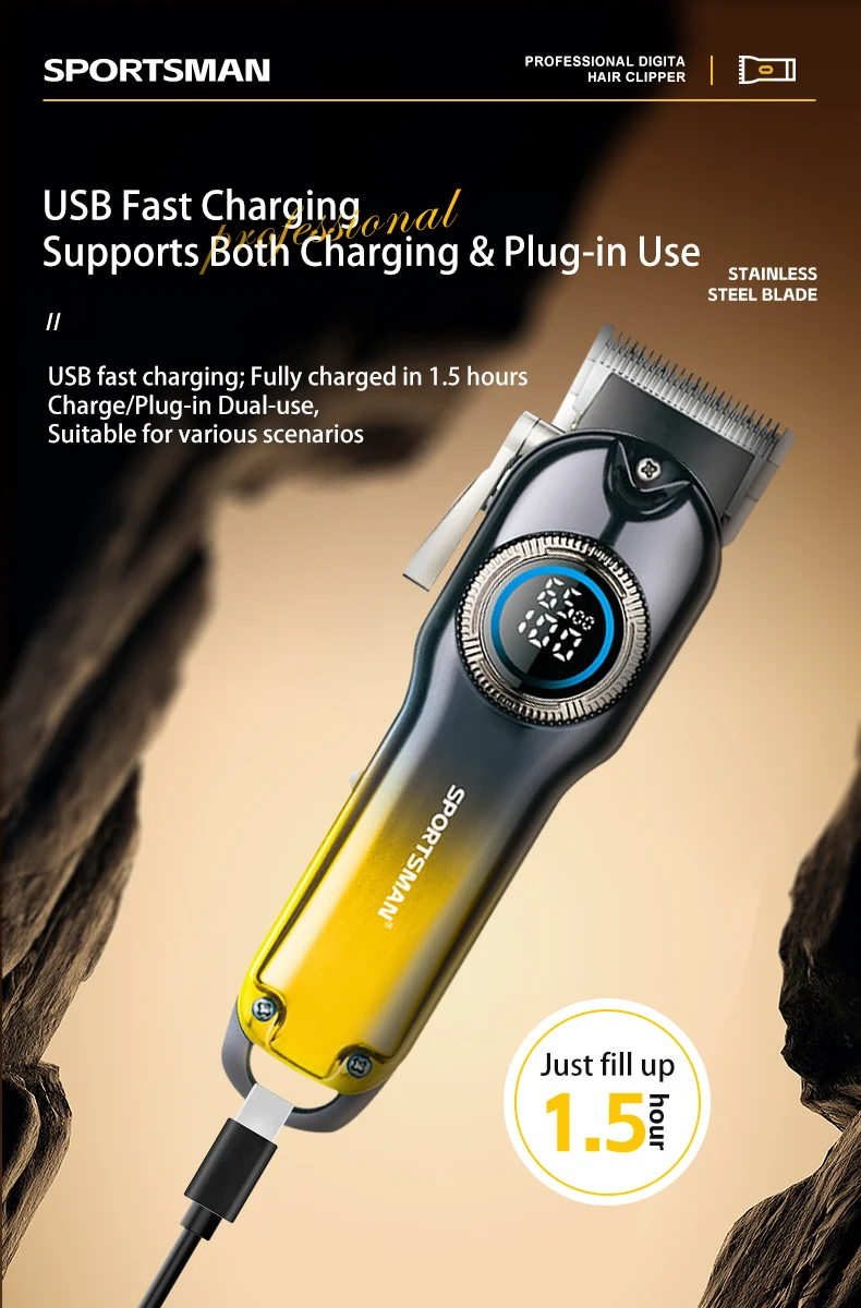 SPORTSMAN Professional Salon Electric Hair for Stainless Steel Blades LCD Display Long Runtime Heat-Resistant Blades-DIY
